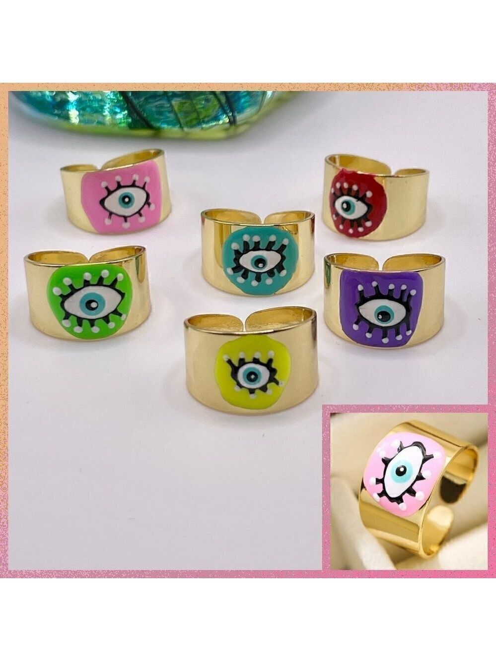 Boho Evil Eye Enamel and Copper Adjustable Ring #1300 LIGHT PINK
